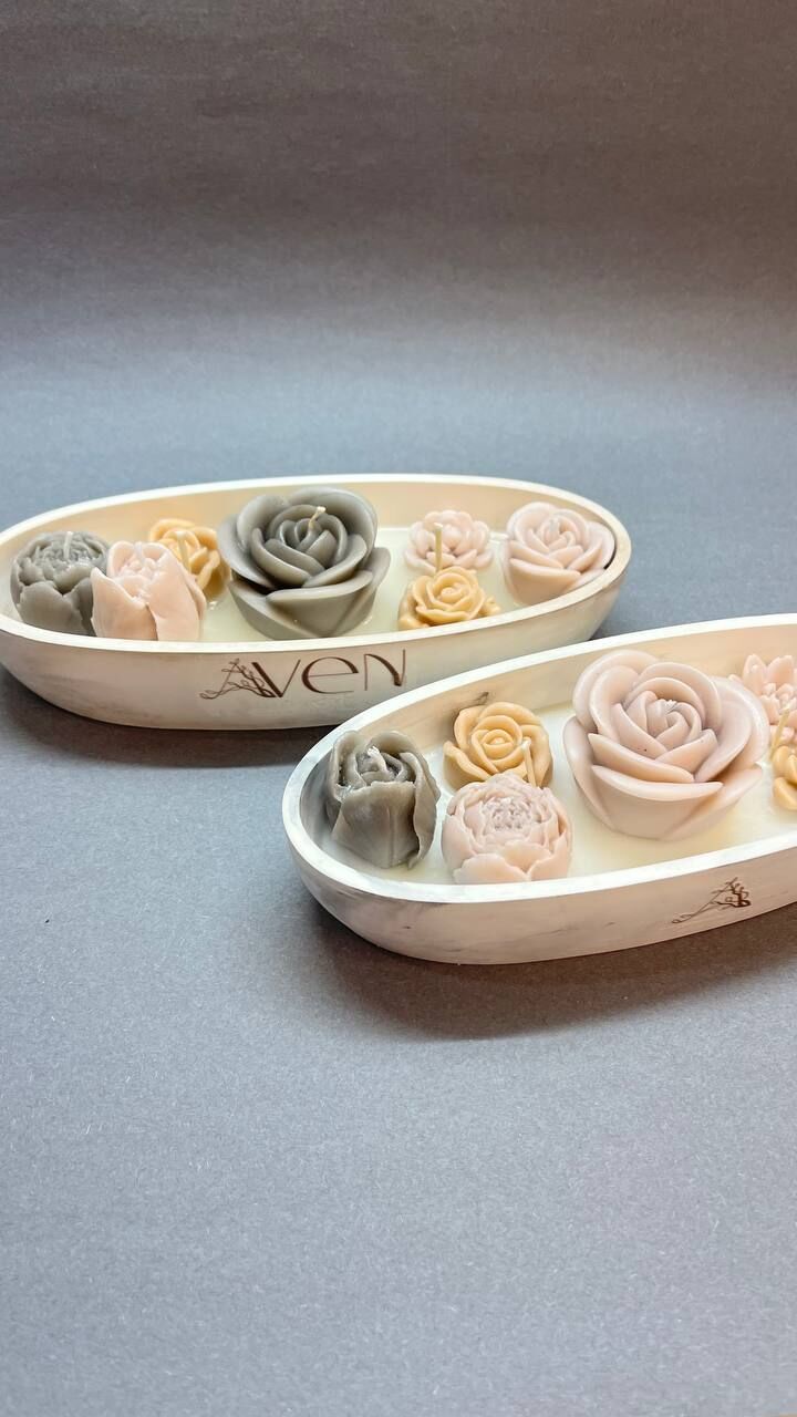 Oval Gül Bahçesi Mum – El Yapımı gül şekilinde mum, Gül Kokulu, Dekoratif Beton Kap